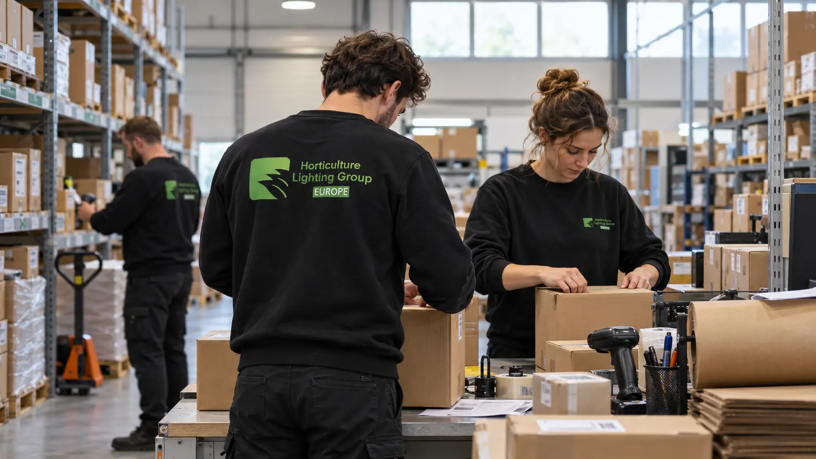 Illustration of a warehouse team wearing black HLG Europe sweatshirts and preparing parcels